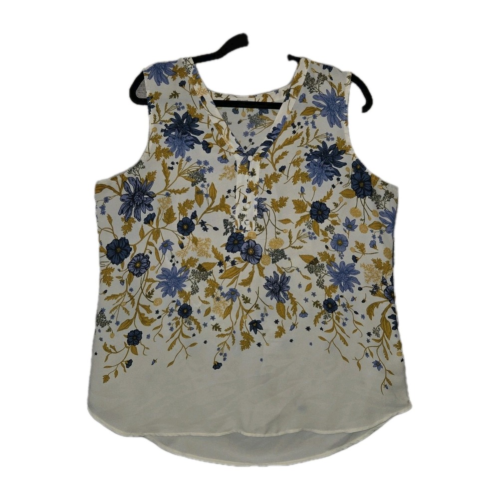 Maurice's Floral Button Front Tank Blouse Sheer Ivory Blue & Gold Women's XL Top